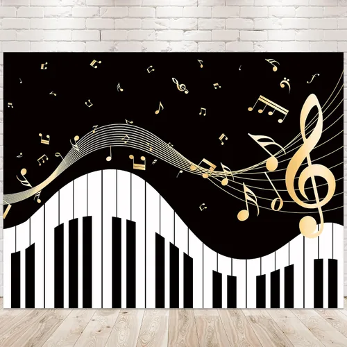 Vista 17 de Newsely Fondo de Tema de Piano 7 pies de ancho x 5 pies de alto Fotografía Notas Musicales Doradas y Teclado de Piano Fondo Elegante Moderno de Moda