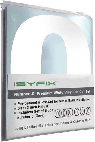 Vista 52 de iSYFIX - Calcomanías de vinilo blancas con número 0 (cero) - Juego de 6 unidades de 1.5 pulgadas autoadhesivas - Decalcomanías premium troqueladas