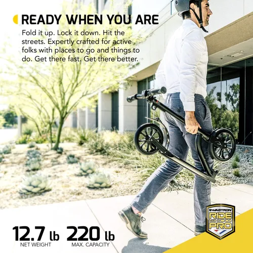 Vista 2 de Swagtron K9 Commuter Kick Scooter para adultos adolescentes plegable ligero altura ajustable para ciclistas de hasta 6 pies 5 pulgadas carga máxima