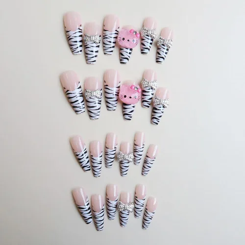 Vista 3 de Uñas postizas a presión con estampado de leopardo, lindas uñas postizas con dijes, uñas largas de ataúd, uñas postizas de cobertura completa