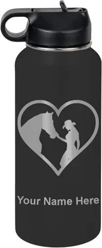 Vista 75 de LaserGram Botella de agua personalizada, corazón de vaquera de caballo, acero inoxidable de doble pared aislada al vacío con popote superior, regalo