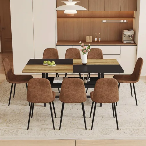 Vista 32 de Juego de mesa de comedor de 71 pulgadas para 6 personas con estante de almacenamiento, juego de mesa de comedor rectangular industrial moderna