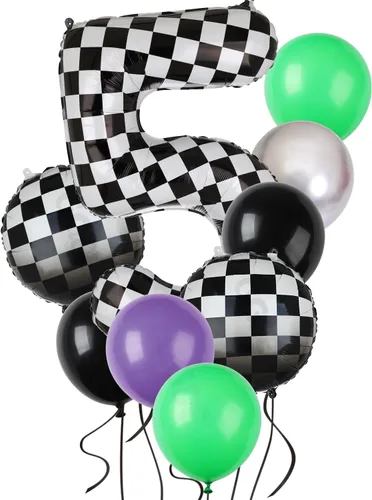 Vista 10 de Paquete de globos de auto de carreras azul y negro de 40 pulgadas, globo de números a cuadros 2 en blanco y negro, globos de látex para niños, dos