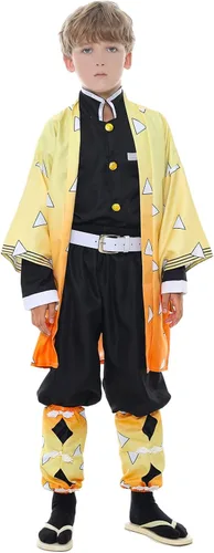 Vista 7 de Disfraz de cosplay amarillo, conjunto completo de kimono de anime, traje negro, conjunto completo de Halloween para niños, adultos, hombres y niños