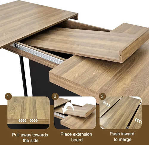 Vista 5 de Juego de mesa de comedor extensible marrón de 9 piezas para 8, 63 a 78.74 pulgadas, juego de mesa de cocina y comedor, mesa de comedor extensible