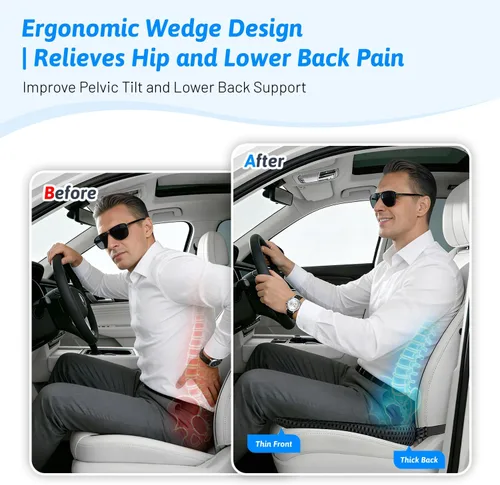 Vista 5 de Cojín de asiento de automóvil de cuña para una mejor visibilidad y alivio del dolor de ciática, espuma viscoelástica de alta densidad, cojín