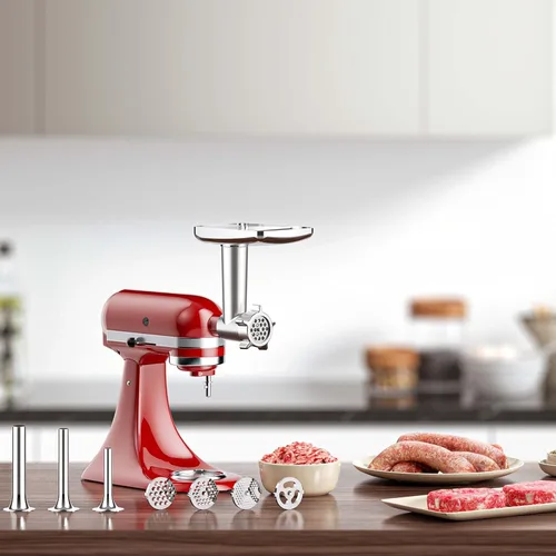 Vista 7 de COFUN Picadora de carne para batidora KitchenAid, molinillo de alimentos de metal con 4 placas de molienda, 3 tubos de relleno de salchichas, 2