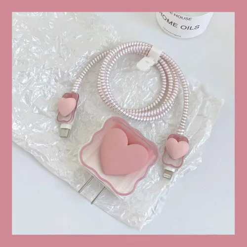 Vista 2 de Waves - Cable de datos con forma de corazón rosa de 18 W, 20 W, protector de cargador USB, protector de cable para auriculares, compatible