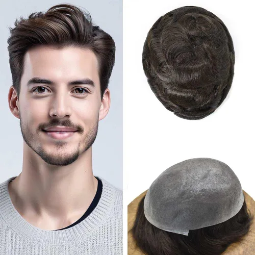 Vista 86 de 0.002 in ultra fina piel tupé Remy cabello humano piezas para hombres V-Looped sistema de pelo para hombre tupé pelo tupé para hombres protesis