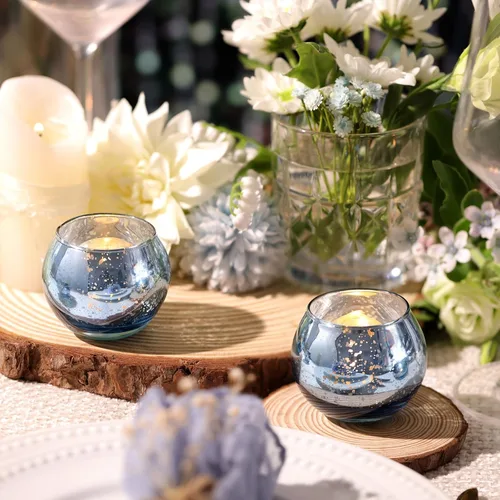 Vista 6 de Volens - Portavelas votivas redondas azules, juego de 12, decoraciones de mesa para centro de mesa de boda azul, portavelas de vidrio de mercurio