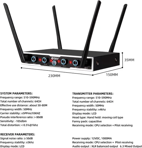 Vista 9 de D Debra Sistema de Micrófono Inalámbrico de Audio Pro DU4004 UHF 4 x 16 Canales Ajustables Micrófono Inalámbrico de Mano Lavalier Auricular, Ideal