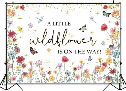 Vista 3 de Avezano Decoraciones de flores silvestres para baby shower, con texto en inglés "A Little Wildflower is On The Way", telón de fondo para baby