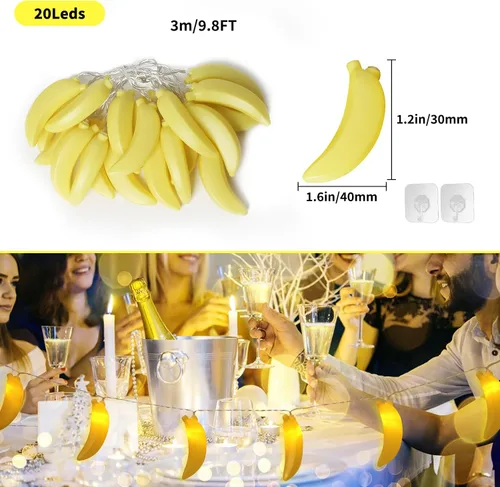 Vista 4 de Cadena de luces LED de 3 m con 20 bombillas, en forma de plátano, funciona con pilas, para iluminación interior y exterior, para bodas, hogar, Banana