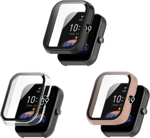 Vista 9 de Funda rígida compatible con Amazfit Bip 3 con protector de pantalla de vidrio templado, ultrafina, cobertura completa, para Amazfit Bip 3 Pro, azul