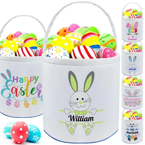 Vista 29 de Cesta de Pascua personalizada con nombre para niñas, niños y niños, cesta de Pascua personalizada bolsas de regalo para caza de huevos de Pascua