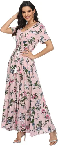 Vista 3 de VintageClothing - Vestido largo floral para mujer, estilo bohemio, con botones, dividido, para verano, informal, vestido largo para fiesta