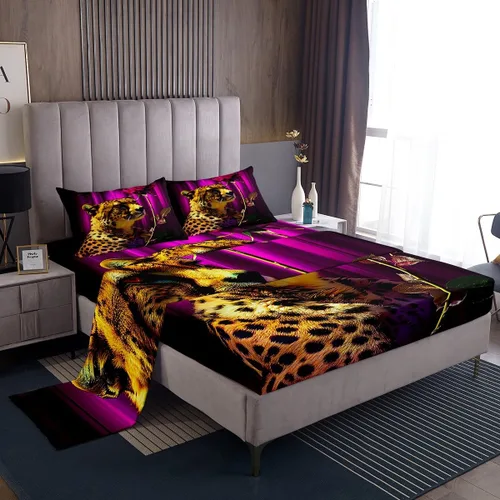 Vista 10 de Erosebridal Sábanas de cama de guepardo con rosa roja, juego de sábanas de bolsillo profundo con estampado de leopardo y gato, sábana bajera
