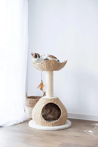 Vista 2 de Petpals Cama nido de cuerda de papel tejida a mano de 28 pulgadas de alto y cesta grande tejida a mano con cojines lavables, poste rascador de sisal