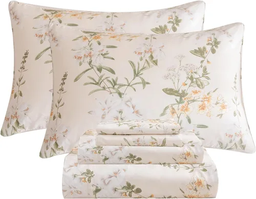 Vista 34 de QSH Juego de sábanas de tamaño individual 100% algodón egipcio, estampado de flores verdes con pájaros, mariposas y botánicas, lujo impreso, ropa