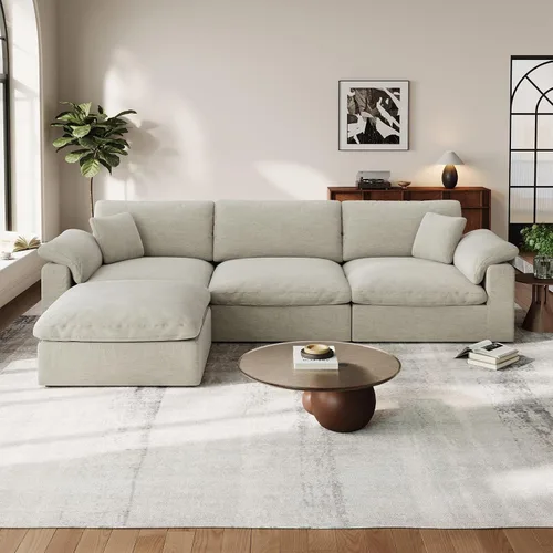 Vista 6 de Sofá modular Cloud para sala de estar, sofás de mezcla de lino en forma de L, modernos sofás de nube de asiento profundo, sofás seccionales Beige