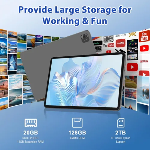 Vista 5 de Tablet Android 15, tableta de 11 pulgadas con 8000 mAh, Octa-Core, 20GB RAM 128GB ROM 2TB expansión, 1920x1200, 5MP+8MP, 2.4G/5G WiFi, compatible