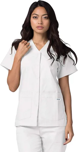 Vista 2 de Adar - Conjunto de uniforme médico universal para mujer con parte superior frontal y pantalones con múltiples bolsillos