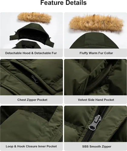 Vista 5 de Pursky Chaqueta de plumón impermeable para hombre, abrigos de invierno con capucha de piel para esquiar, parka con capucha de piel Verde militar