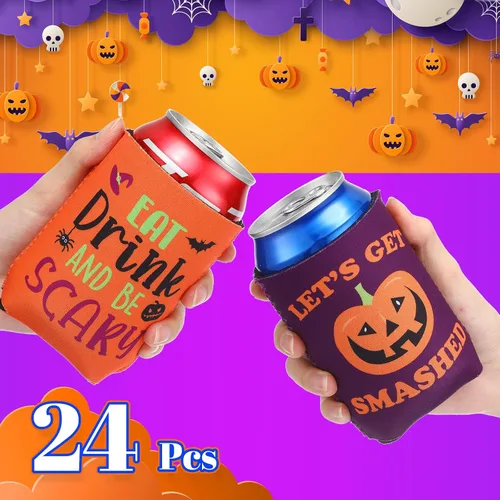 Vista 2 de 24 fundas para enfriar latas de Halloween – 12 onzas divertidas de calabaza y gato aislado para latas de cerveza, funda delgada para bebidas frías