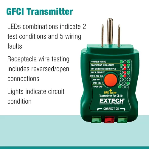 Vista 5 de Extech CT80 comprobador de carga de circuito AC con GFCI/AFCI Locate breakers/fuses live, 110-125VAC, two-pass calibration, GFCI outlet test, 9V