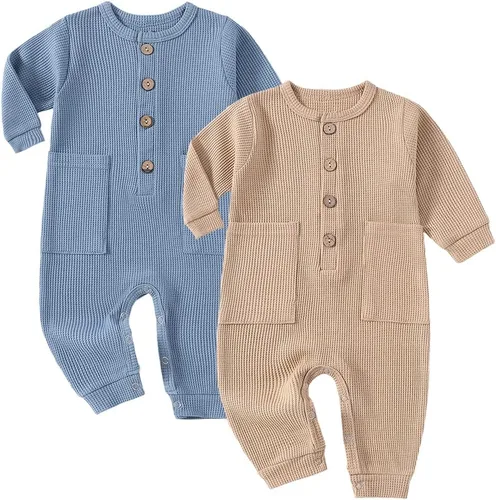 Vista 4 de Conjunto de dos piezas para bebé niño y niña, mono liso de manga larga acanalado de punto de algodón Azul y azul oscuro.