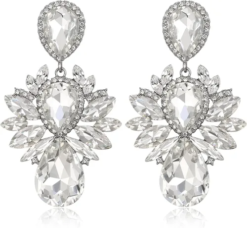 Vista 5 de EVER FAITH Aretes colgantes con clip de cristal de diamantes de imitación, estilo vintage, gota de agua, estilo marquesa, Cristal, No es una piedra