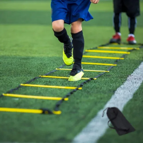 Vista 7 de Juego de 1/2/4 escaleras, 12 peldaños de agilidad, escalera de entrenamiento con estacas de acero y bolsa de transporte para fútbol, entrenamiento
