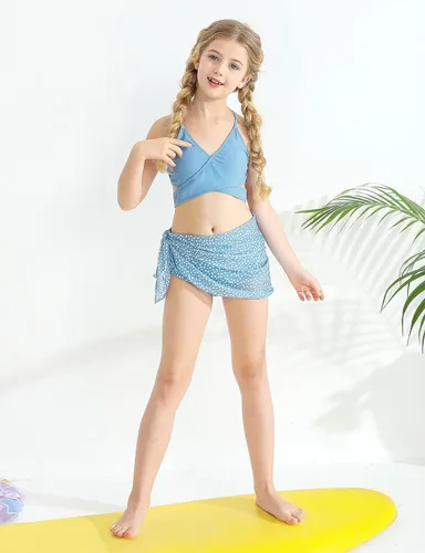 Vista 5 de URMAGIC Traje de baño de 3 piezas para niña con estampado, traje de baño con cubierta para niñas de 8 a 12 años
