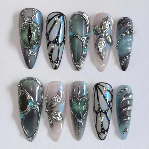 Vista 42 de 24 piezas de uñas postizas de punta francesa a presión, uñas postizas medianas en forma de almendra con diseño de ondas azul oscuro, uñas postizas