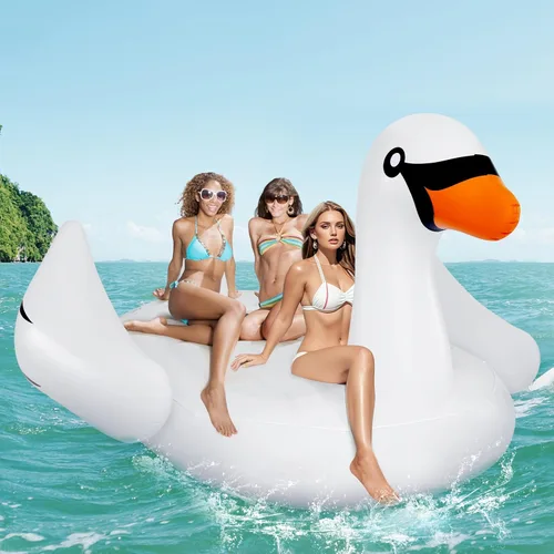 Vista 8 de Goplus Isla flotante de cisne inflable gigante, flotador de piscina para 4 personas con 4 soportes para tazas, muelle flotante recreativo para lago
