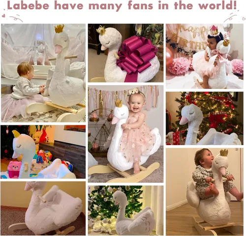 Vista 3 de labebe Caballo mecedor de cisne blanco para niños, animal de peluche en madera para niños de 6 meses, para niños y niñas/guardería, regalo