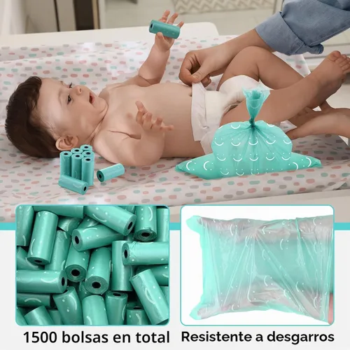 Vista 5 de 1500 bolsas desechables para pañales de bebé, eliminación de aromas de polvo de bebé o bolsas de residuos de mascotas, 100 rollos (aguamarina)