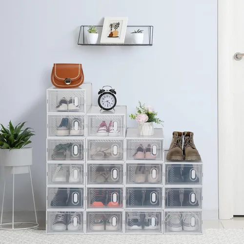 Vista 14 de Paquete de 6 cajas de zapatos apilables de plástico transparente, cajas organizadoras de zapatos con tapas para tenis, estuche para zapatos hasta