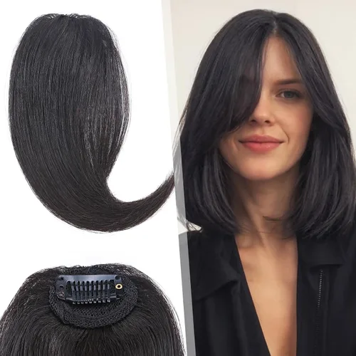 Vista 12 de Hairro Extensiones de flequillo lateral ondulado con clip, 100% cabello humano, 2 piezas con clip en la parte media, flequillo francés, lados