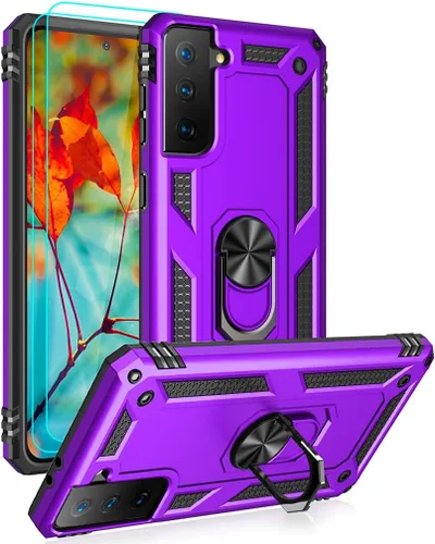 Vista 9 de Androgate Funda compatible con Samsung Galaxy S21 FE 5G con protectores de pantalla HD, soporte de anillo de metal de grado militar, prueba de Negro