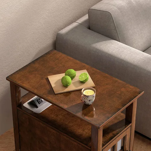 Vista 2 de HIFYOBRO Mesa auxiliar con estación de carga, juego de 2, puertos y tomas de corriente tipo C y USB, estante ajustable para almacenamiento en sala