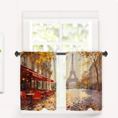 Vista 60 de Cortinas opacas de cocina con pintura al óleo de Europa rosa y negra para ventanas, cenefas opacas modernas de torre Eiffel de poliéster multicapa