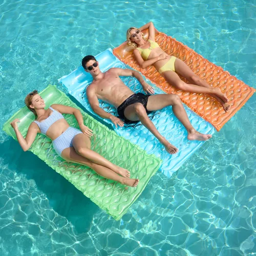Vista 8 de Sloosh Paquete de 3 alfombrillas inflables para piscina, colchón flotador, con reposacabezas, flotador de piscina para adultos, 64 x 32 pulgadas