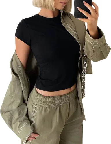 Vista 4 de Camisetas básicas de manga corta para mujer, cuello cuadrado, acanaladas, ajustadas, color sólido, ropa de calle