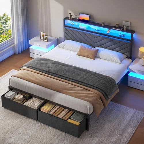 Vista 5 de Fluest Base de cama Queen con 2 cajones, cabecera tapizada con estación de almacenamiento y carga, luces LED, cajones de tela con ruedas, Gris