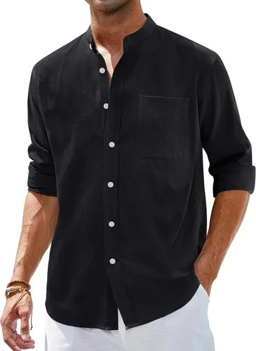 Vista 15 de Alimens & Gentle Camisas de algodón y lino para hombre, camisa de manga larga con botones, cuello de banda, camisas de playa