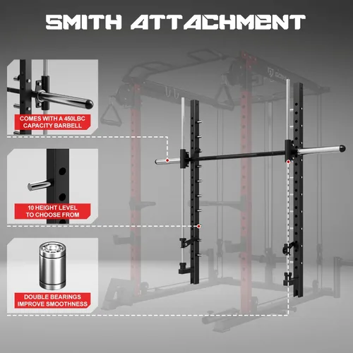 Vista 5 de Máquina S1-V4 Smith, jaula de potencia de 2000 libras con sistema de cruce de cables, estante de sentadillas todo en uno con barra Smith