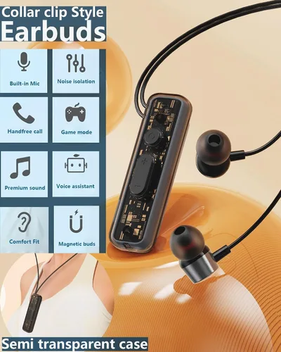 Vista 2 de ZXQ Auriculares Bluetooth con banda para el cuello con clip de solapa con micrófono, clip magnético intrauditivo inalámbrico para deportes