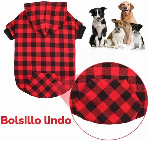 Vista 2 de Sudadera con Capucha a Cuadros Rojos para Perros, Ropa para Mascotas con Capucha y Bolsillo (XS)