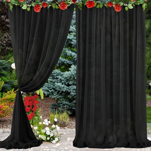 Vista 23 de PARTISKY Cortinas de telón de fondo de gasa negra de 10 x 7 pies, cortinas de fotos de tela transparente sin arrugas para boda, ceremonia, arco